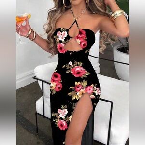 Floral Cut Out, Slit Halter Dress